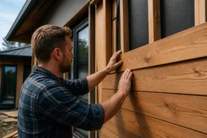 Pose de bardage bois pour maison par un artisan sur un chantier extérieur