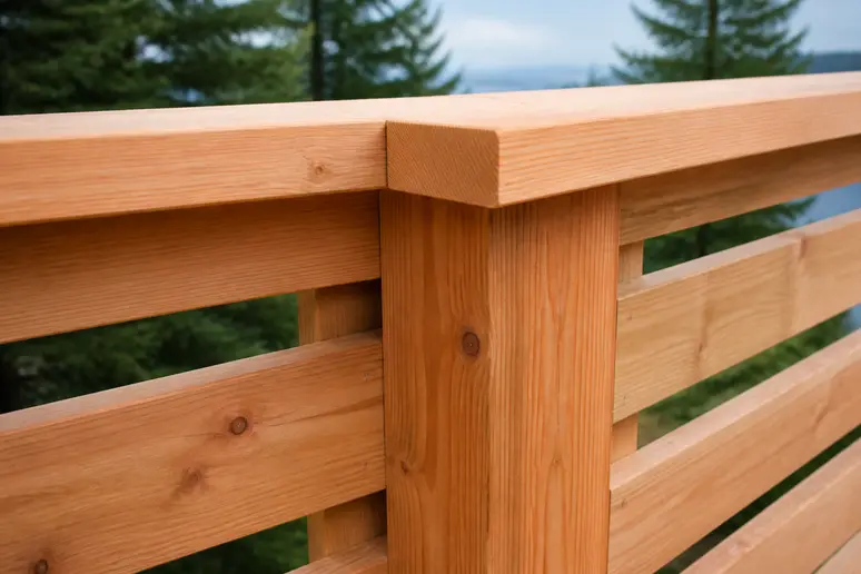 Gros plan sur les assemblages en bois Douglas d'une barrière pour terrasse en bois.
