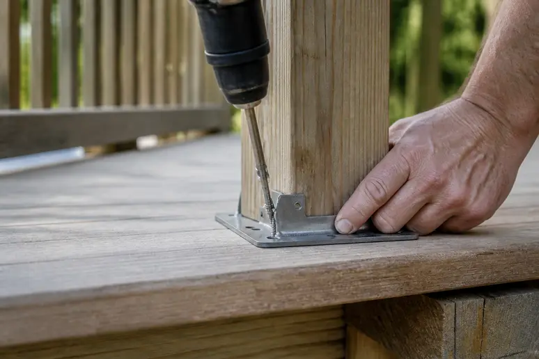 Mains vissant une platine de fixation pour barriere pour terrasse en bois sur le support porteur.