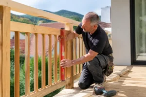 Installation d'une barriere pour terrasse en bois par un artisan sur un balcon