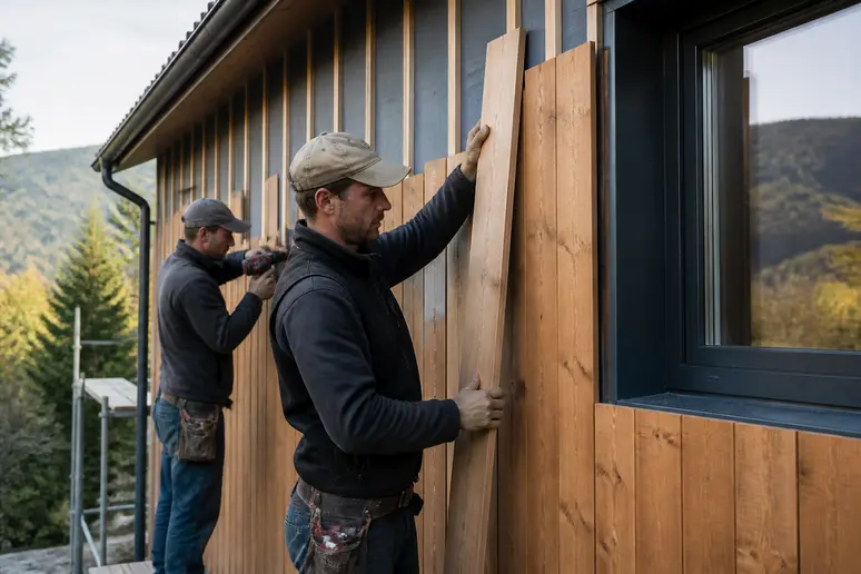 Pose d'un bardage en bois sur l'isolation extérieure d'une petite maison modulaire