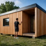 Maison bois clé en main 60000 euros installée sur un terrain avec une personne examinant la structure.