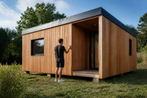 Maison bois clé en main 60000 euros installée sur un terrain avec une personne examinant la structure.