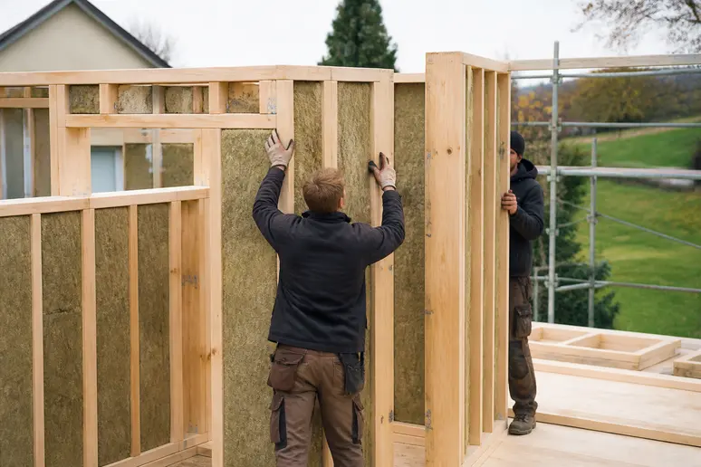 Assemblage des éléments en bois d'une maison en kit sur un chantier de construction.