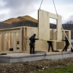 Chantier de construction avec assemblage d'une ossature en bois pour une maison en kit prix