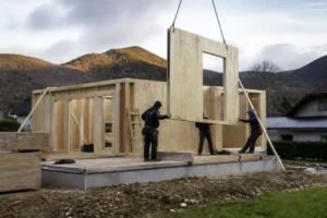 Chantier de construction avec assemblage d'une ossature en bois pour une maison en kit prix