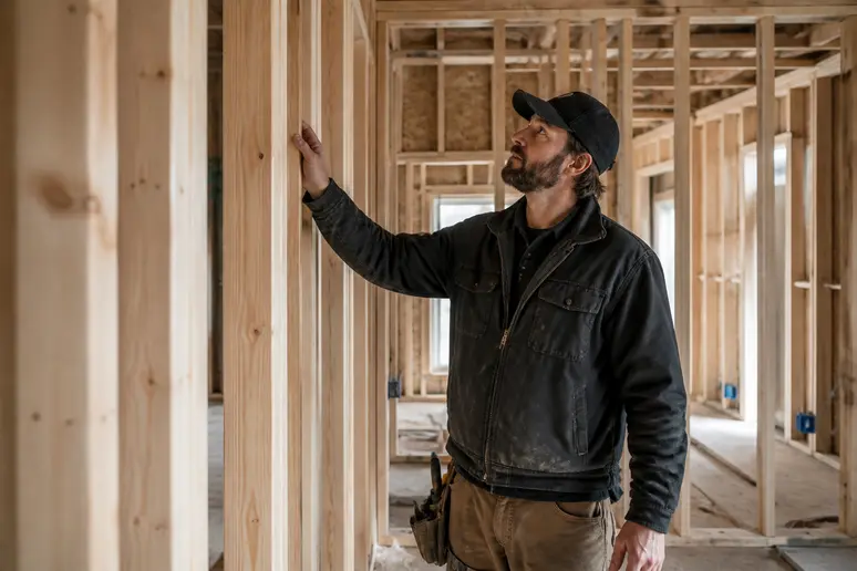 Intérieur d'une maison à ossature bois en cours de finition montrant les cloisons