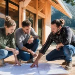 Un couple discute des plans sur le chantier de leur future maison bois pour estimer les maisons booa prix.