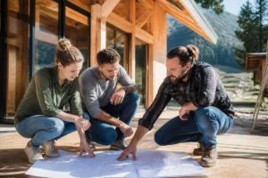 Un couple discute des plans sur le chantier de leur future maison bois pour estimer les maisons booa prix.