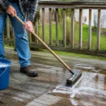 Un homme nettoie sa terrasse bois à l'aide d'un balai brosse et d'eau savonneuse en plein air