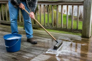 Un homme nettoie sa terrasse bois à l'aide d'un balai brosse et d'eau savonneuse en plein air