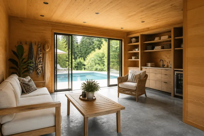 Aménagement intérieur d'un pool house fonctionnel avec espace de détente et de rangement