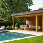 Aménagement d'un pool house moderne en bois près d'une piscine dans un jardin résidentiel.