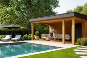 Aménagement d'un pool house moderne en bois près d'une piscine dans un jardin résidentiel.
