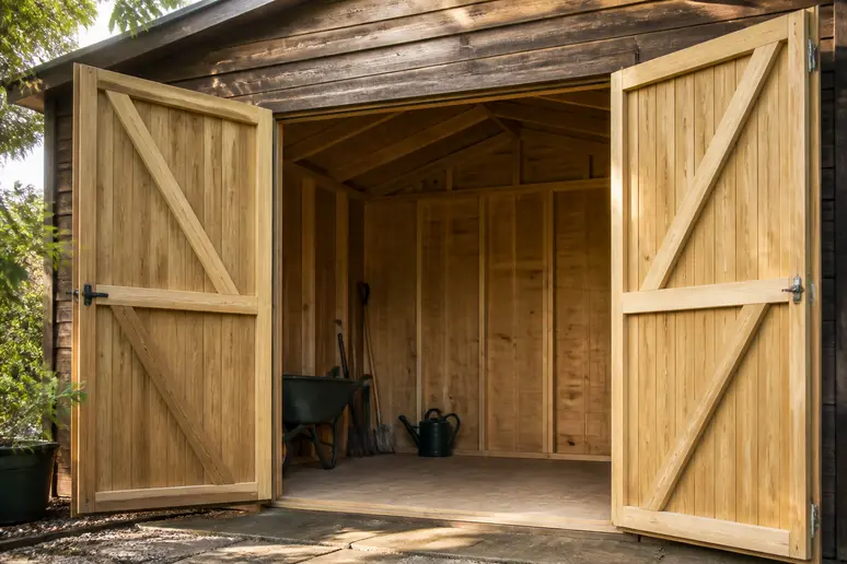 Porte abri de jardin double ouverte offrant un large passage utile pour le rangement