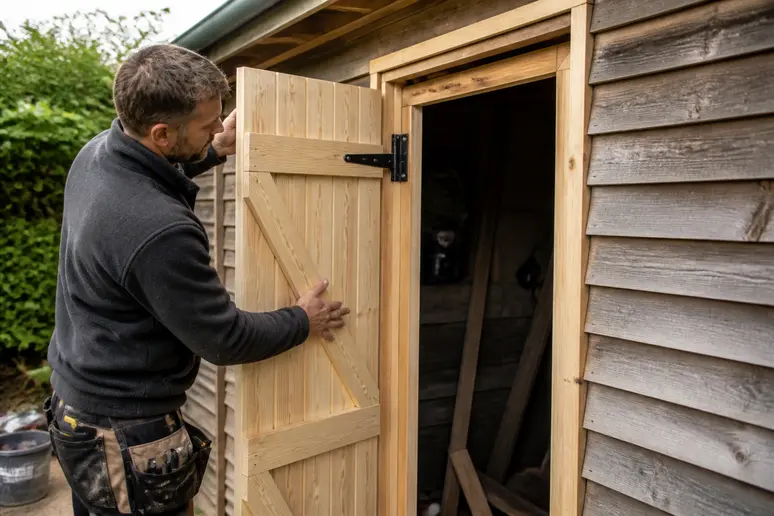 Porte abri de jardin de remplacement en bois posée sur la structure d'un chalet extérieur