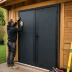 Installation d'une porte abri de jardin double anthracite avec cadre noir sur un cabanon en bois.