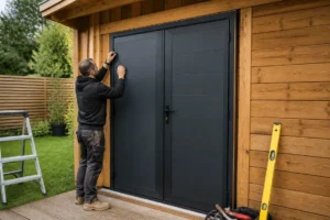 Installation d'une porte abri de jardin double anthracite avec cadre noir sur un cabanon en bois.