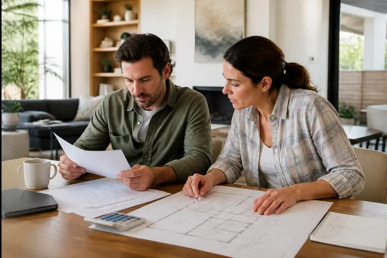 Un couple consulte les plans et le budget global pour chiffrer le prix construction maison.
