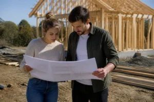 Jeune couple examinant des plans d'architecte sur leur terrain avec le prix construction maison