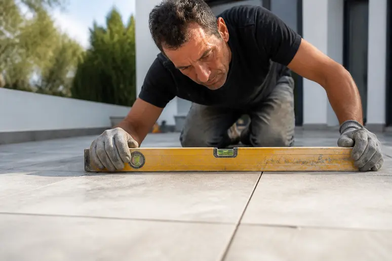 Pose de carrelage extérieur avec vérification de la pente pour l évacuation de l eau de pluie