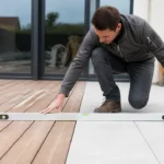 Un ouvrier teste l'adhérence entre une terrasse bois et carrelage sur un chantier