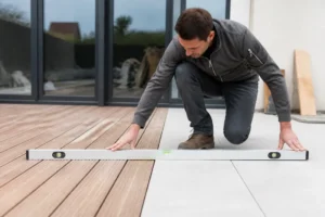 Un ouvrier teste l'adhérence entre une terrasse bois et carrelage sur un chantier