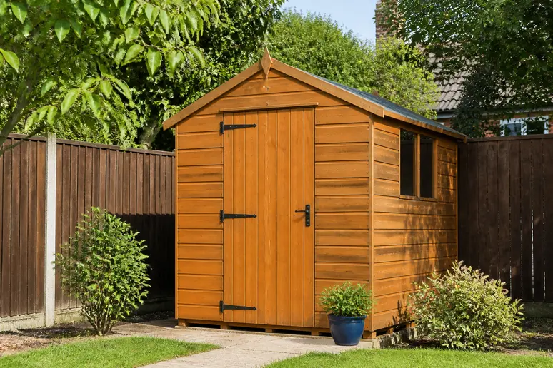 Abri de jardin en bois installé sur une dalle en béton dans un espace extérieur