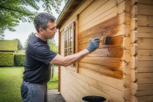 Propriétaire appliquant une lasure protectrice sur les parois extérieures d'un abri de jardin bois dans un jardin