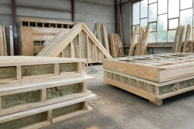 Panneaux d'ossature préfabriqués pour agrandissement maison en bois stockés en atelier avant assemblage