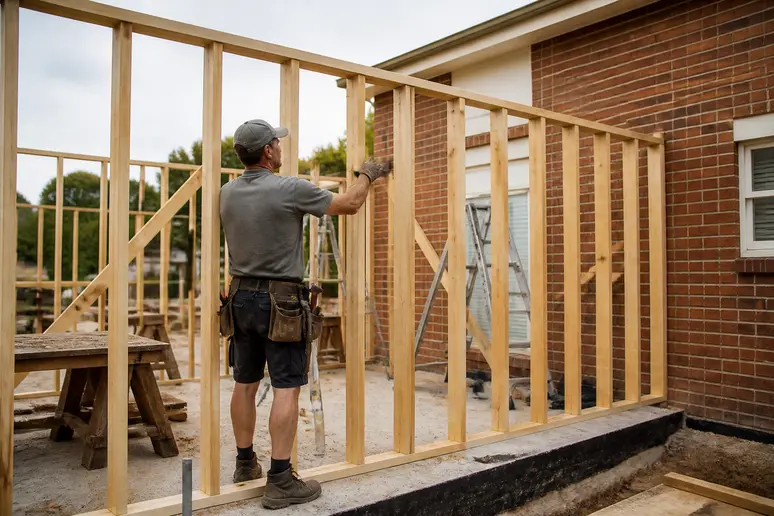 Mise en place de l'ossature d'un agrandissement maison en bois sur un chantier de rénovation