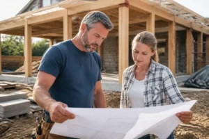 Un artisan et un propriétaire discutent sur un chantier d'agrandissement maison en bois en cours.