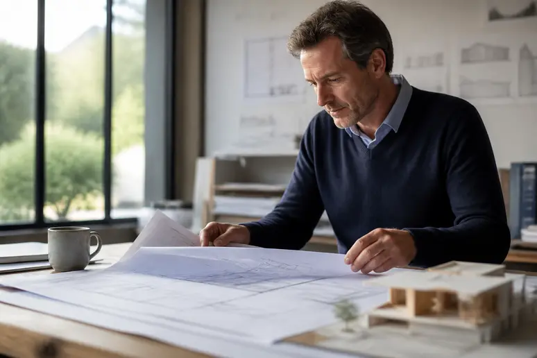 Architecte examinant des plans de maison pour calculer les honoraires au mètre carré