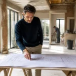 Un architecte examine des plans sur un chantier avec l'architecture prix pour un projet de rénovation