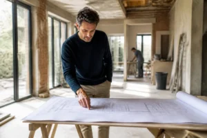 Un architecte examine des plans sur un chantier avec l'architecture prix pour un projet de rénovation