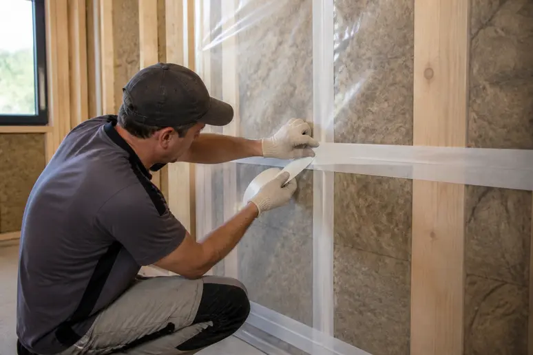 Pose soigneuse d'un isolant thermique performant sur l'ossature bois d'une maison ecologique