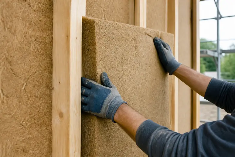 Installation de panneaux isolants biosourcés dans la structure d'une maison ecologique