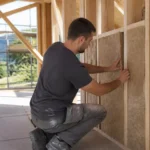Chantier de construction maison ecologique avec installation d'isolants biosourcés sur ossature bois