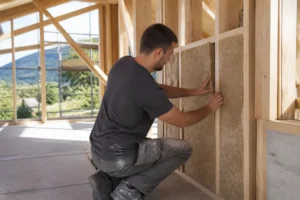 Chantier de construction maison ecologique avec installation d'isolants biosourcés sur ossature bois