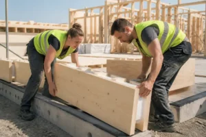 Chantier d'autoconstruction montrant l'assemblage des blocs de structure avec un Gablok prix au m2 attractif.