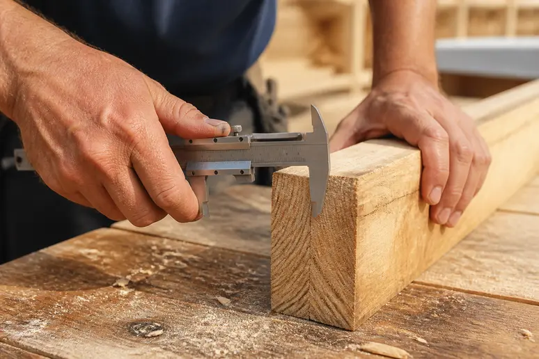 Mesure de la section d'une lambourde pour terrasse bois avec un pied à coulisse sur un établi