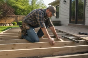 Installation de lambourde pour terrasse bois par un artisan avec un espacement précis des solives