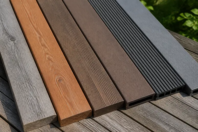 Comparaison rapprochée de différentes lames de terrasse bois et composite avant la pose.