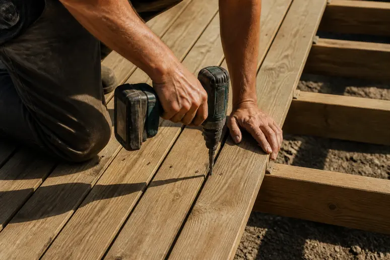 Fixation minutieuse de lames de terrasse bois sur une lambourde avec des vis adaptées.
