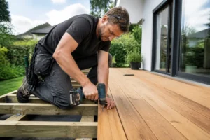 Pose de lames de terrasse bois par un artisan sur un chantier extérieur ensoleillé