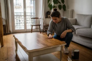Un artisan inspecte la finition d'un meuble après l'application de Maison deco relook bois dans un salon lumineux