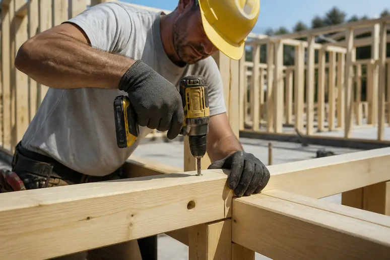 Ouvrier assemblant les éléments d'une maison en bois livrée montée sur un chantier de construction