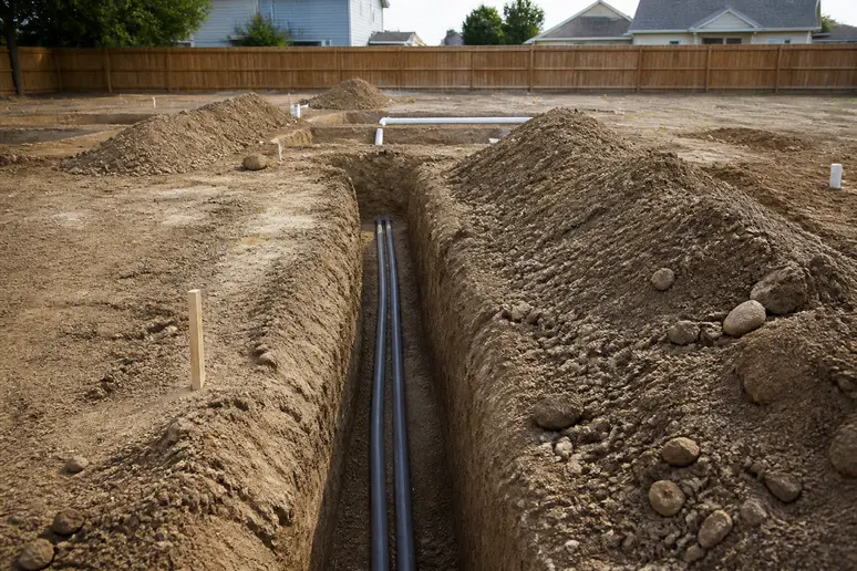 Travaux de viabilisation et de raccordement des réseaux sur un terrain avant l'installation d'une maison en bois