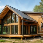 Maison en bois livrée montée tarif visible sur un chantier de construction moderne