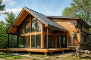 Maison en bois livrée montée tarif visible sur un chantier de construction moderne